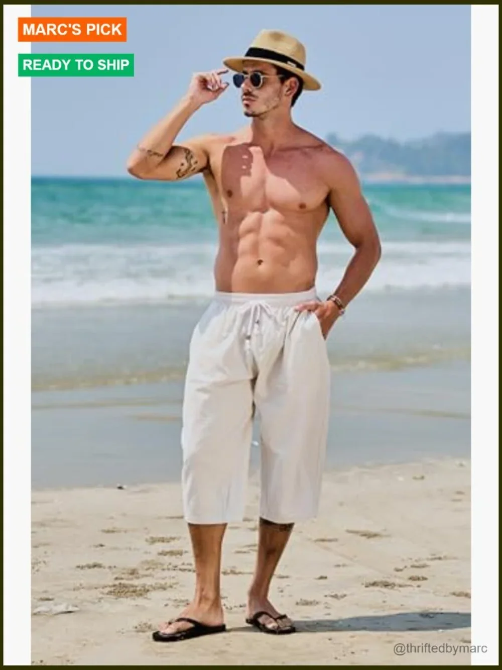 Men's Cotton Linen Capri Pants Elastic Waist Drawstring Loose Fit